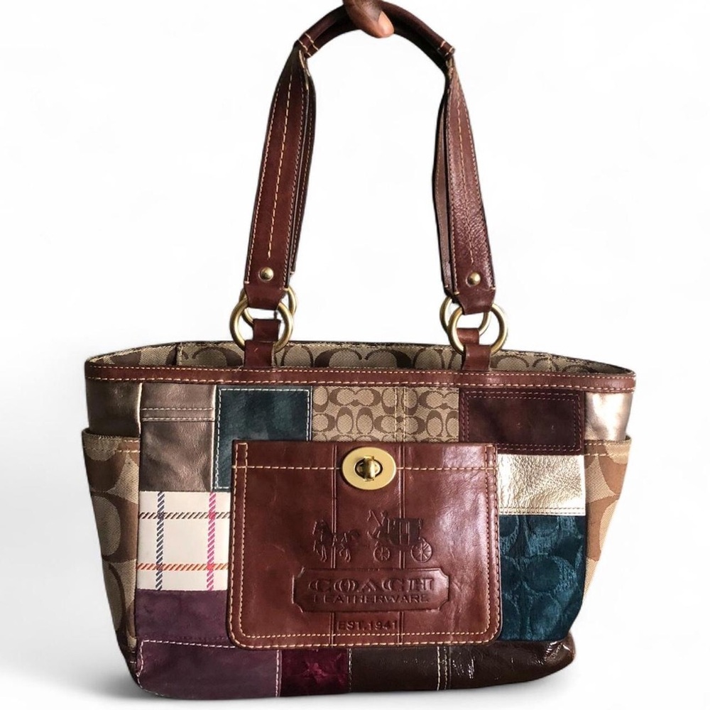 Vintage Coach Patchwork Holiday Y2K 2000s Tote Bag Purse Leather Signature 11358